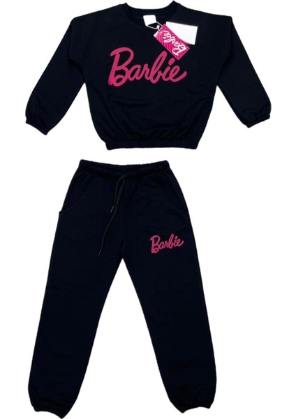 Kız Çocuk Barbie Baskılı Siyah Üzeri Fuşya Renk Alt Üst Eşofman Takımı Sweatshirt / Eşofman Altı