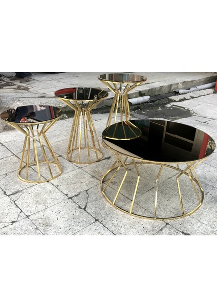 Brc Orta-Zigon Sehpa Cadde Model Siyah Düz Temper Cam Metal Gold Kaplama El Yapım