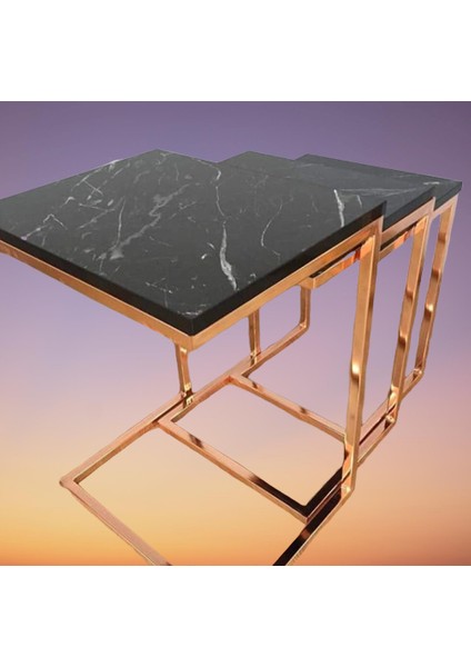 Zigon Zlf Model Çelik Rose Bakır Renk Kaplam Ayak Mdf Siyah Mermer Tabla El Yapım