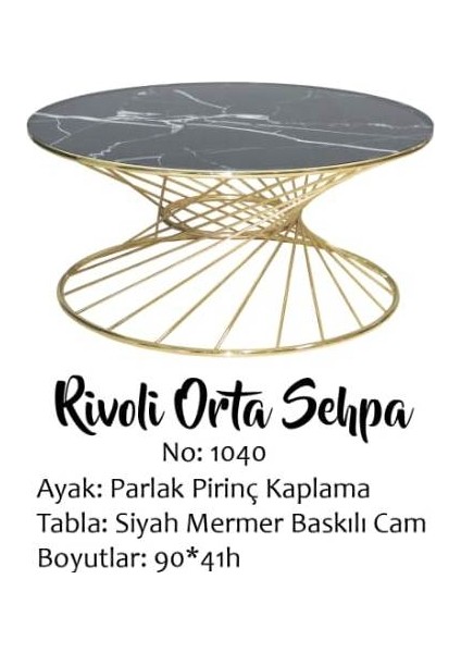 Brc Orta Sehpa Rivoli Model Siyah Mermer Cam Metal Transmisyon Gold Renk Kaplama Ayak El Yapım