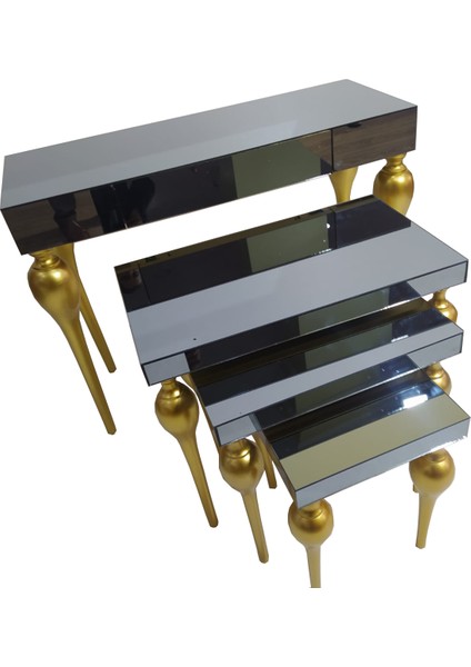 Dresuar-Zigon Tombul Ayak Model Kayın Mdf Tabla Parlak Gold Boya Füme Cam Kaplama