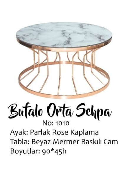 Brc Orta Sehpa Bufalo Beyaz Mermer Temper Cam Metal Transmisyon Çelik Rose Renk Kaplama El Yapım