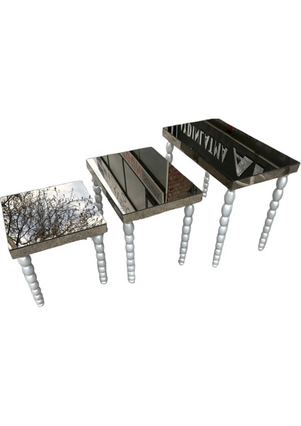 Zigon Sehpa St Elma Parlak Gri Lake Kayın Torna Ayak Ayna Kaplama Tabla El Yapım