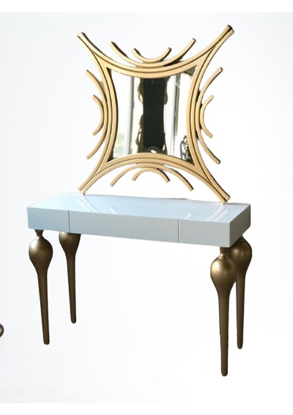 Dresuar Tombul Model Kayın Ayak Mdf Çekmece Tabla Parlak Gold-Beyaz Uyum Kutu Sevk El Yapım fırsatları