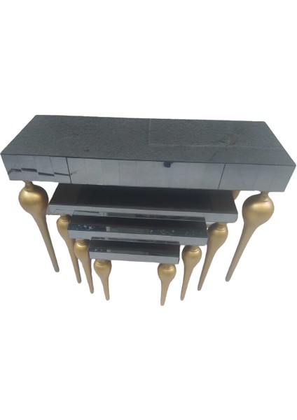 Dresuar-Zigon Tombul Ayak Model Kayın Mdf Tabla Parlak Gold Boya Füme Cam Kaplam