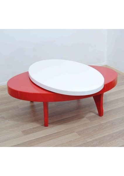 Orta Sehpa Döner Oval Rus Tarz Model Kayın Retro Ayak Mdf Tabla Parlak Beyaz ve Kırmızı El Yapım