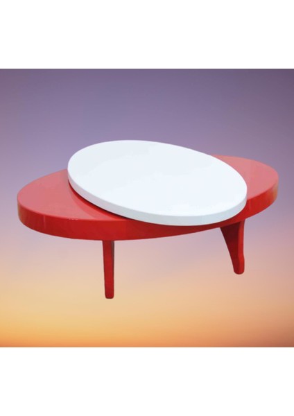 Orta Sehpa Döner Oval Rus Tarz Model Kayın Retro Ayak Mdf Tabla Parlak Beyaz ve Kırmızı El Yapım