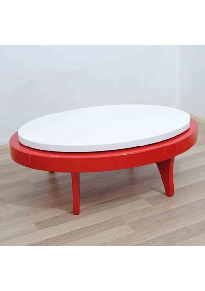 Orta Sehpa Döner Oval Rus Tarz Model Kayın Retro Ayak Mdf Tabla Parlak Beyaz ve Kırmızı El Yapım
