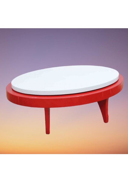 Orta Sehpa Döner Oval Rus Tarz Model Kayın Retro Ayak Mdf Tabla Parlak Beyaz ve Kırmızı El Yapım