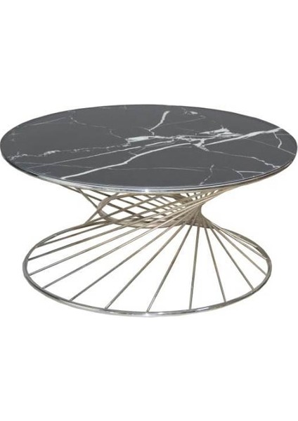 Brc Orta Sehpa Rivoli Model Siyah Mermer Cam Metal Çelik Gümüş Renk Kaplama Ayak El Yapım