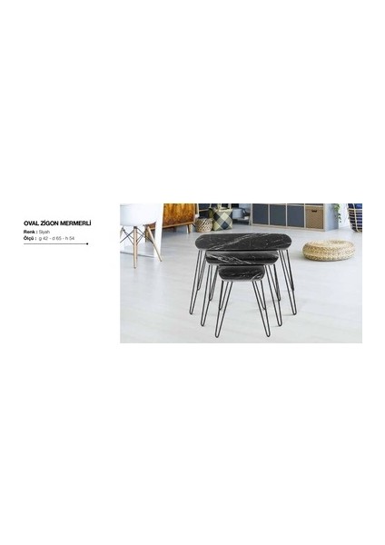 Zigon Osm Oval Model Parlak Siyah Mermer Mdf Tabla Metal Çelik V Ayak El Yapım