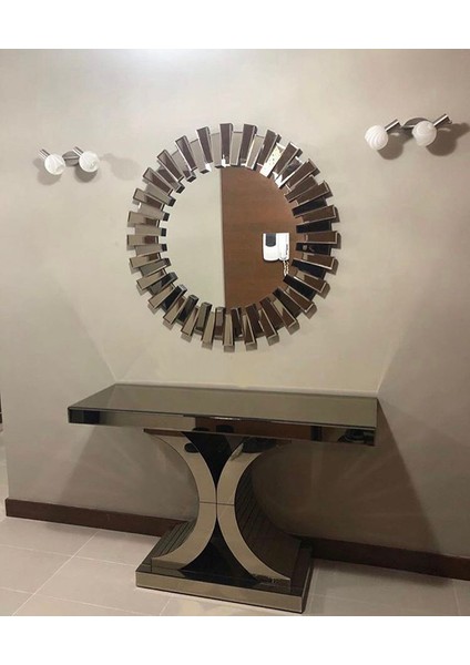 Dresuar Güneş Sanel Model Kayın Torna Cam Ayna Kaplama Yuvarlak El Yapım Ayna