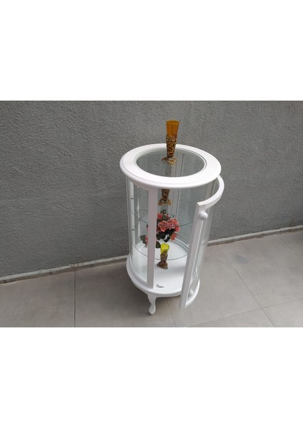 Gümüşlük Yuvarlak Model Parlak Beyaz Kayın Aslan Ayak 3 Raf Bombe Cam 120 Elyapım