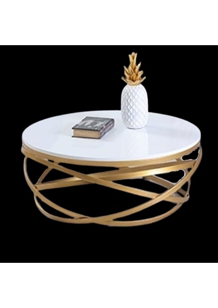 Orta Sehpa Zlf Dalga Metal Çelik Ayak Gold Renk Kaplama Beyaz Mdf Tabla El Yapım