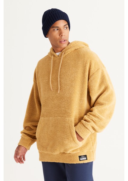 Erkek Hardal Oversize Bol Kesim Kapüşonlu Sherpa Sweatshirt Polar