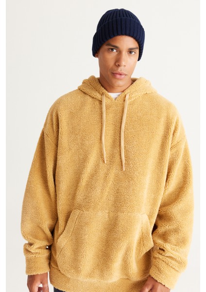 Erkek Hardal Oversize Bol Kesim Kapüşonlu Sherpa Sweatshirt Polar