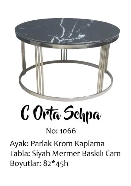 Brc Orta Sehpa C Model Siyah Mermer Temper Cam Metal Çelik Gümüş Renk El Yapım