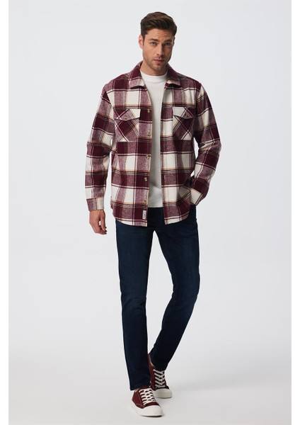 Wılf Erkek Dokuma U.kol Gömlek Bordo-Beyaz Ekose