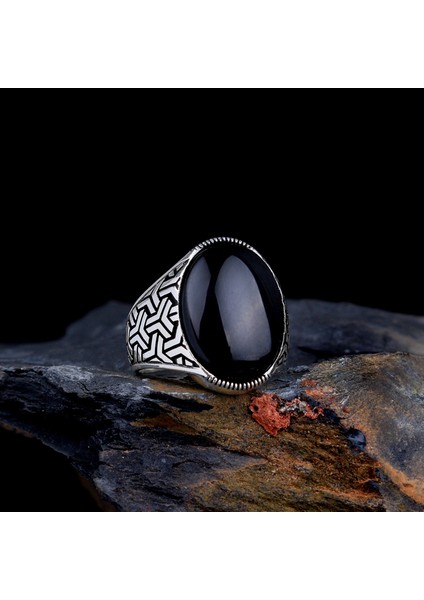 925 Ayar Gümüş Onix Taşlı Kartal Motifli Erkek Yüzük