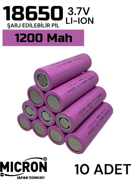 10 Adet 18650 Lityum Pil (Batarya) 1200 Mah (Amper) 3.7 V ( Volt) Şarj Edilebilir Başsız Pil