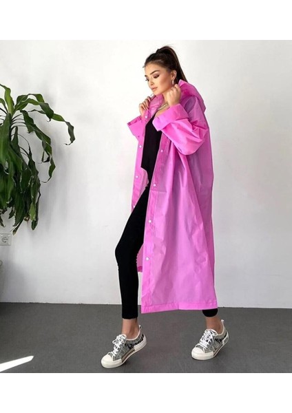 Kadın Yağmurluk Kapüşonlu Çıtçıtlı Eva Yağmurluk Rüzgarlık Pembe