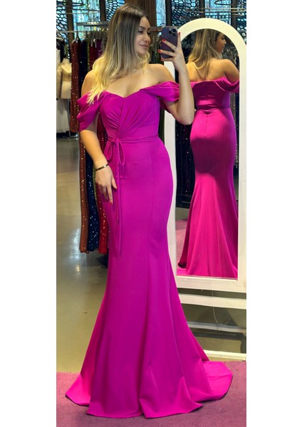 Madonna Yaka Krep Balık Uzun Abiye Elbise Fuşya 7418