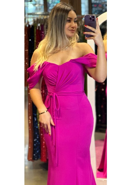 Madonna Yaka Krep Balık Uzun Abiye Elbise Fuşya 7418 fiyatları