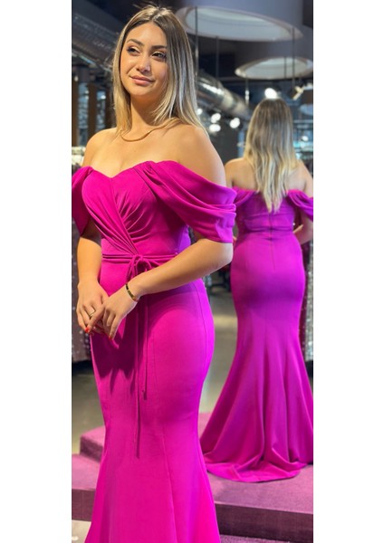 Madonna Yaka Krep Balık Uzun Abiye Elbise Fuşya 7418 modelleri