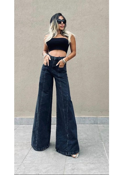 Bol Paça Kadın Jean Pantolon 40344 Siyah