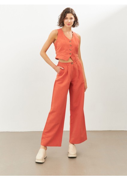 Kiremit Keten Yüksek Bel Wide Leg Pantolon