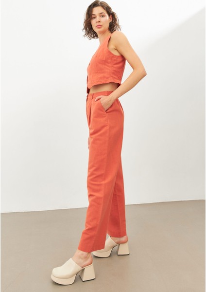 Kiremit Keten Yüksek Bel Wide Leg Pantolon fırsatları