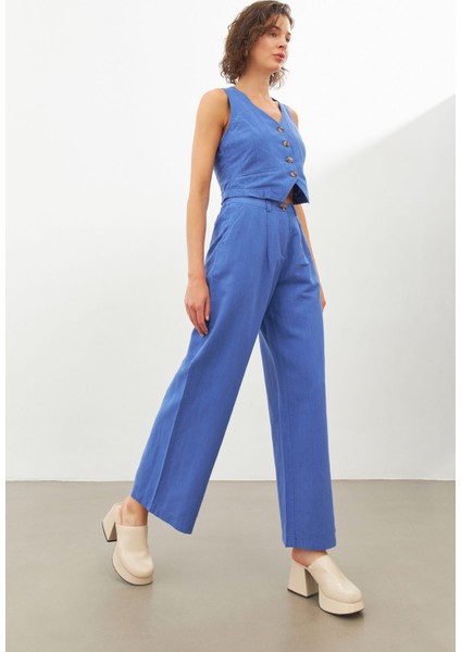 Mavi Keten Yüksek Bel Wide Leg Pantolon modelleri