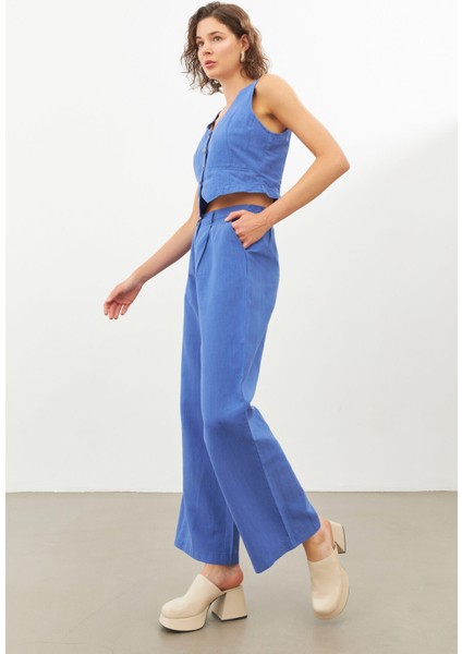 Mavi Keten Yüksek Bel Wide Leg Pantolon fırsatları