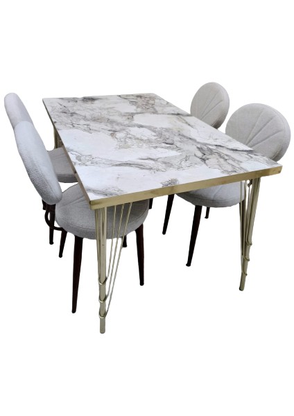 Masa-Sandalye ST Metal Midye Gold Kaplama Ayak Beyaz Mermer Desen Tabla El Yapım