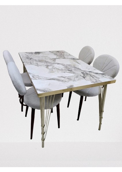 Masa-Sandalye ST Metal Midye Gold Kaplama Ayak Beyaz Mermer Desen Tabla El Yapım