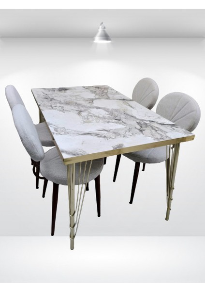 Masa-Sandalye ST Metal Midye Gold Kaplama Ayak Beyaz Mermer Desen Tabla El Yapım