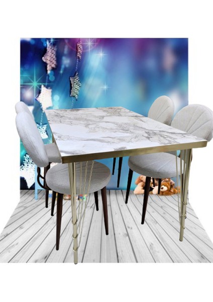 Masa-Sandalye ST Metal Midye Gold Kaplama Ayak Beyaz Mermer Desen Tabla El Yapım