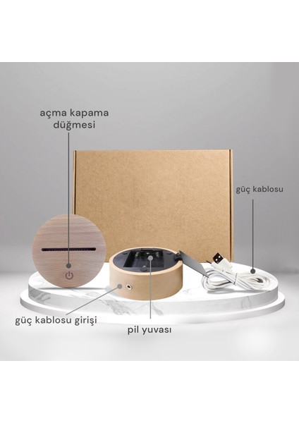 Atom Figürlü Dekoratif Hediye Led Masa Lambası | 7 Işık Rengi | Ahşap Taban