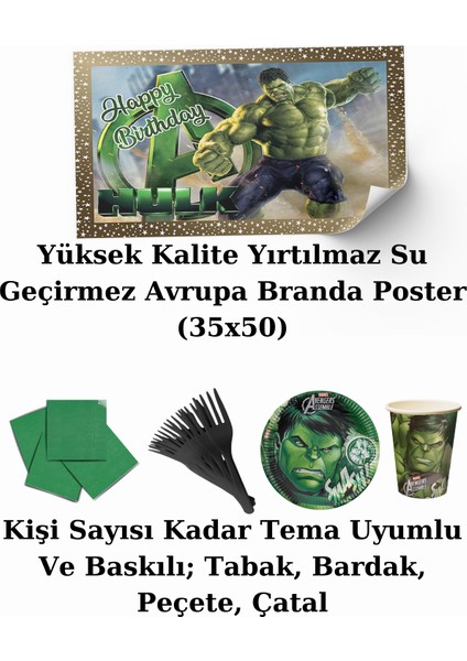 Hulk Afişli 16 Kişilik Doğum Günü Parti Malzemeleri Süsleri Seti