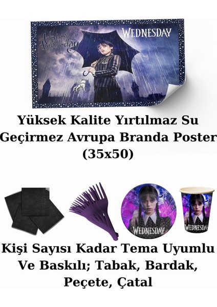 Wednesday Addams Afişli 32 Kişilik Doğum Günü Parti Malzemeleri Süsleri Seti