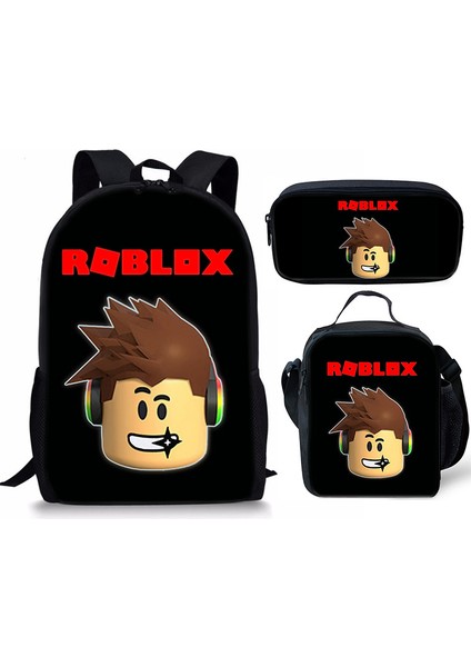 3D Yeni Roblox Öğrenci Okul Çantası Yemek Çantası Kalem Baskı Sırt Çantası Üç Parçalı Set (Yurt Dışından)