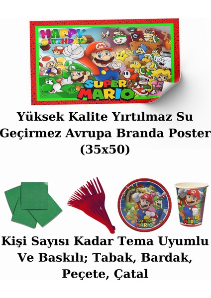 Super Mario Afişli 16 Kişilik Doğum Günü Parti Malzemeleri Süsleri Seti