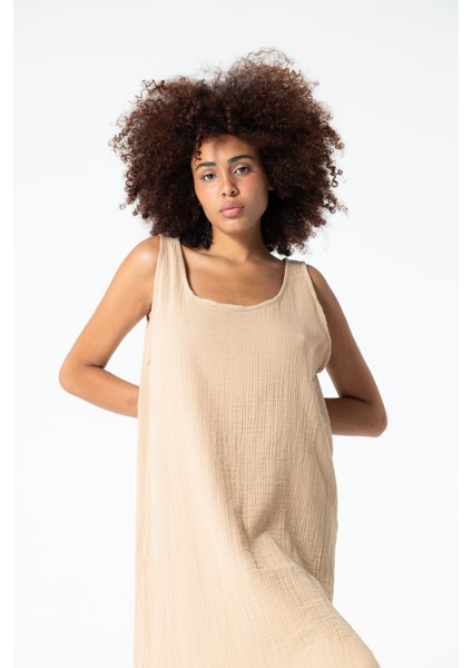 Bej Derin Yaka Kalın Askılı Asimetrik Kesim Salaş Müslin Doğal Kumaş Elbise fırsatları