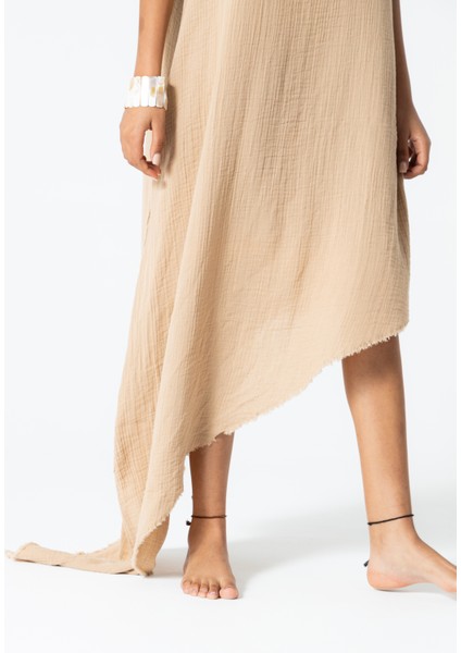 Bej Derin Yaka Kalın Askılı Asimetrik Kesim Salaş Müslin Doğal Kumaş Elbise indirimleri