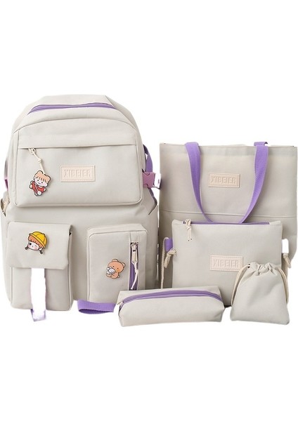 Okul Çantası Kadın Tuval Üniversite Öğrencisi Sırt Çantası Beş Parçalı Set Ortaokul ve Lise Öğrencileri Için Rahat Büyük Kapasiteli Sırt Çantası (Yurt Dışından)