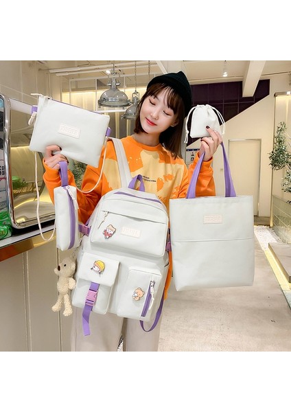 Okul Çantası Kadın Tuval Üniversite Öğrencisi Sırt Çantası Beş Parçalı Set Ortaokul ve Lise Öğrencileri Için Rahat Büyük Kapasiteli Sırt Çantası (Yurt Dışından) fiyatları