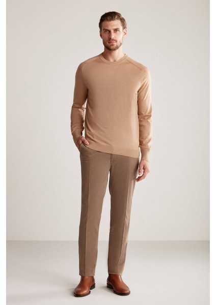 Slim Fit Bisiklet Yaka Camel Merino Yün Triko