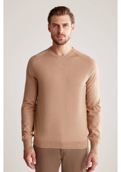 Slim Fit Bisiklet Yaka Camel Merino Yün Triko fiyatları