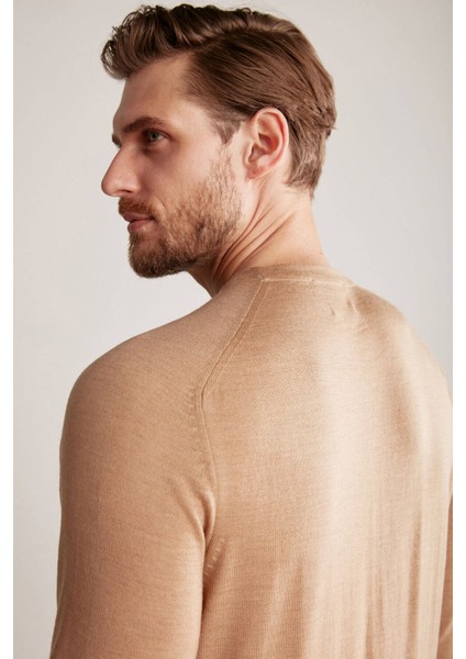Slim Fit Bisiklet Yaka Camel Merino Yün Triko modelleri