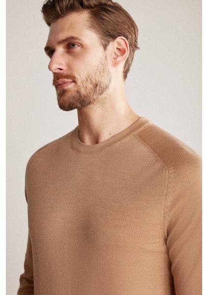 Slim Fit Bisiklet Yaka Camel Merino Yün Triko fırsatları